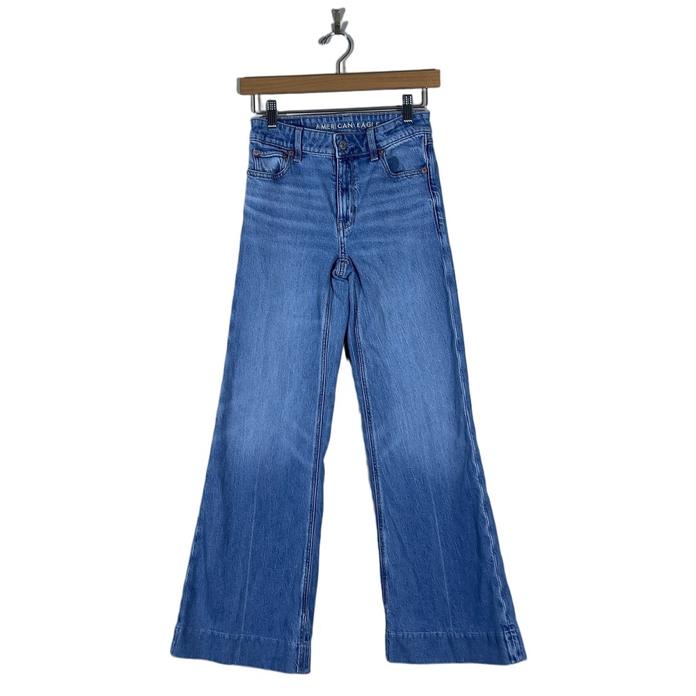 American Eagle High Rise Flare Solid Jeans Blue Retro Boho Stretch Size 000